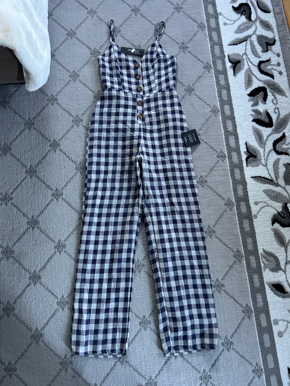 Lulu's Navy and White Gingham Button-Front Jumpsuit